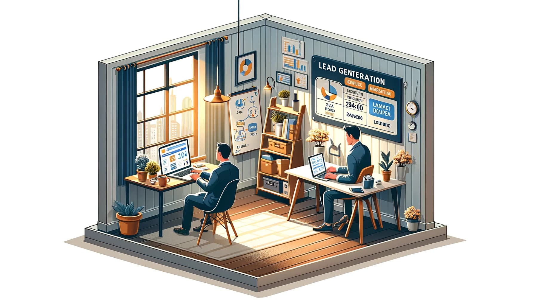 Eine kleine Büroszene mit zwei Geschäftsleuten, die sich mit Leadgenerierung beschäftigen, an einem Laptop mit Datenanalysen auf dem Bildschirm, in einem modernen, aber bescheidenen Büro mit Stadtblick.